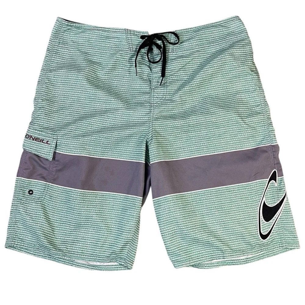 O’Neill Mint Green Gray Striped Board Shorts Men’s Size 34 Surf Swim‎ Beachwear
